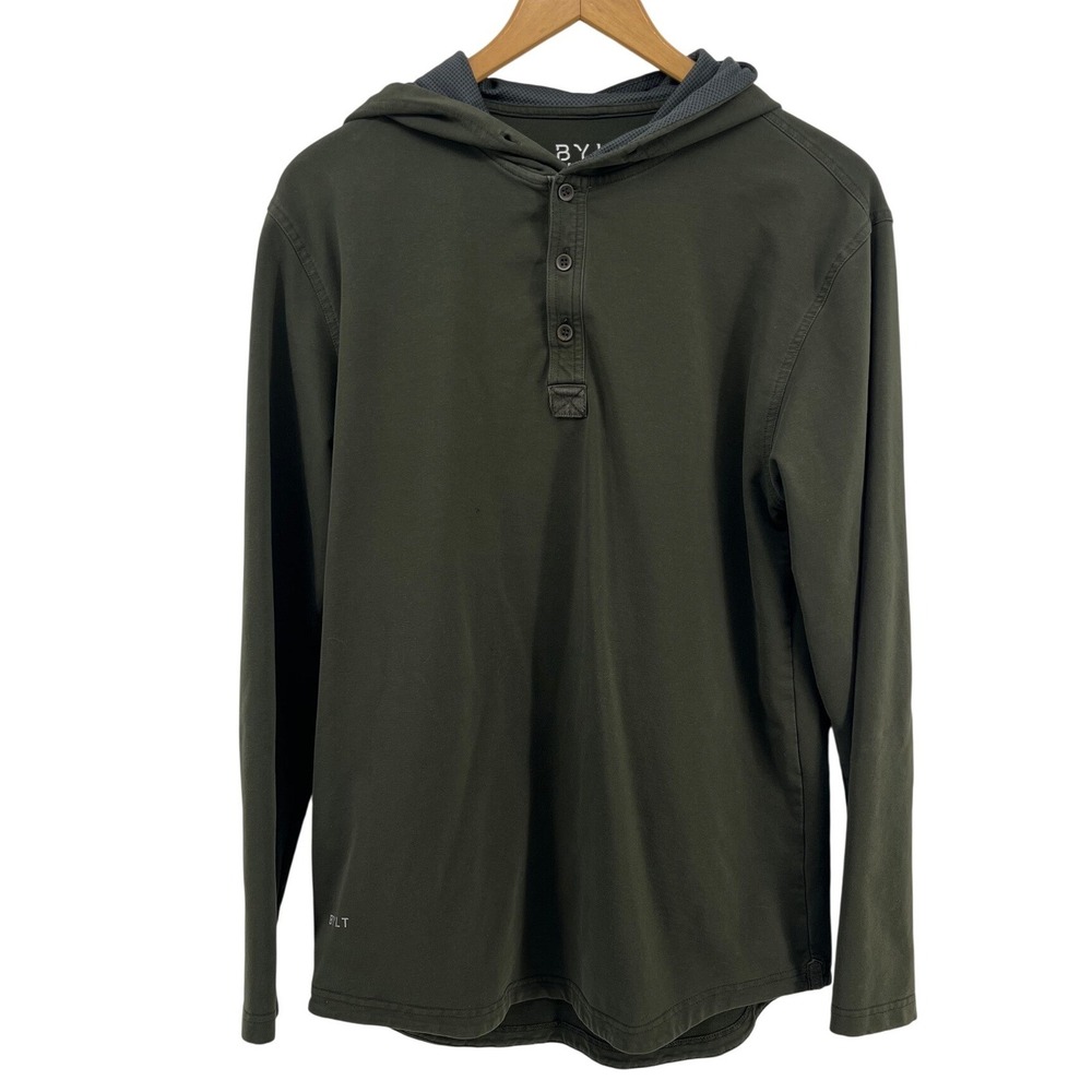 BYLT Premium Basics Drop Cut Hooded Henley Lux Olive Green Long Sleeve Men's Med
